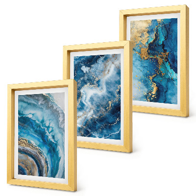 Conjunto de 3 quadros decorativos Padrões abstratos azuis em três pinturas