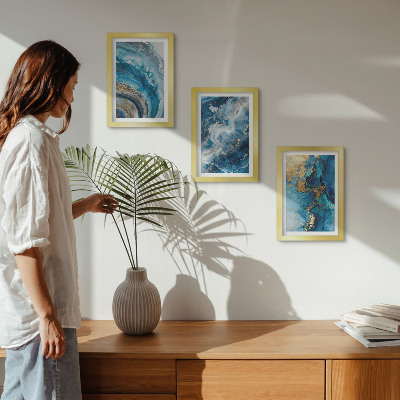 Conjunto de 3 quadros decorativos Padrões abstratos azuis em três pinturas