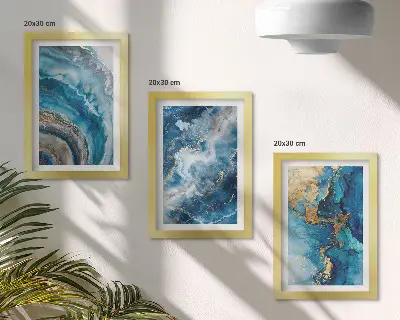 Conjunto de 3 quadros decorativos com padrões abstratos azuis