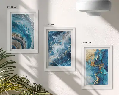 Conjunto de 3 quadros decorativos com padrões abstratos azuis