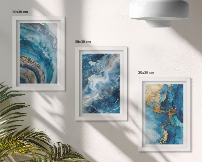 Conjunto de 3 quadros decorativos Padrões abstratos azuis em três pinturas