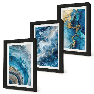 Conjunto de 3 quadros decorativos com padrões abstratos azuis