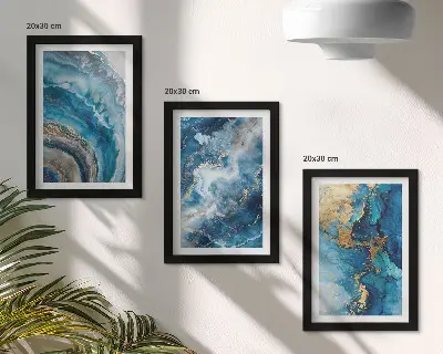 Conjunto de 3 quadros decorativos com padrões abstratos azuis