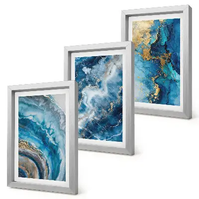 Conjunto de 3 quadros decorativos com padrões abstratos azuis