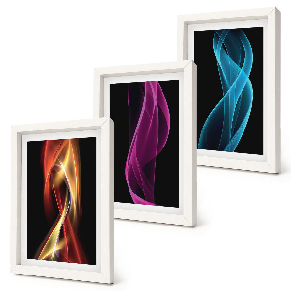 Tríptico com moldura Ondas de linhas neon coloridas sobre um fundo escuro.