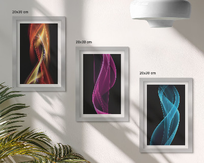 Tríptico com moldura Ondas de linhas neon coloridas sobre um fundo escuro.
