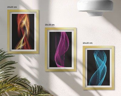 Tríptico com moldura Ondas de linhas neon coloridas sobre um fundo escuro.