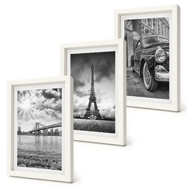 Conjunto de 3 quadros decorativos com vistas da cidade, pontes, Torre Eiffel e carro clássico