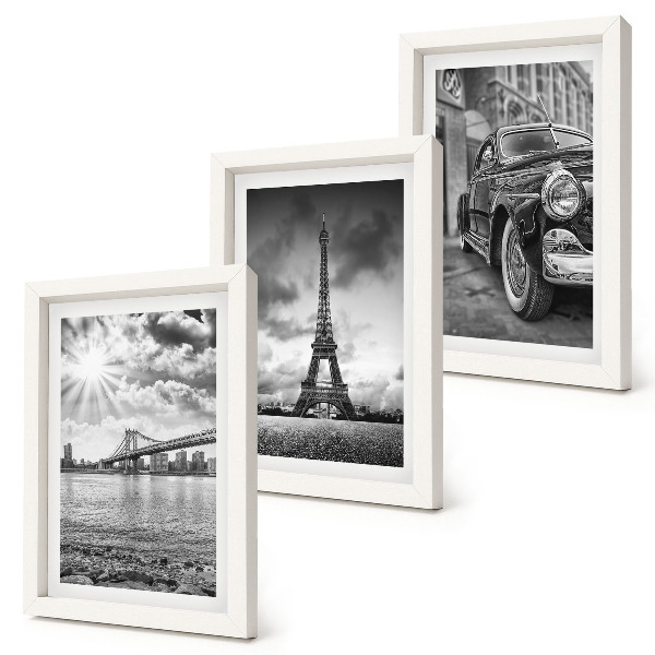 Conjunto de 3 quadros decorativos Vistas da cidade, pontes, Torre Eiffel, carro clássico