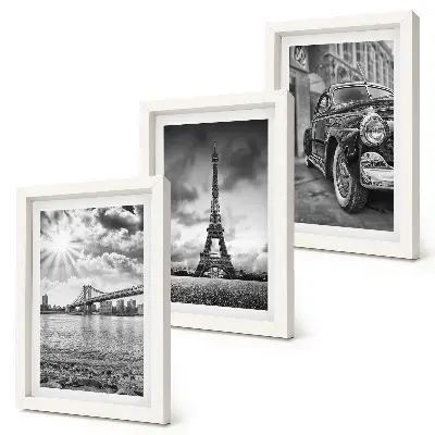 Conjunto de 3 quadros decorativos com vistas da cidade, pontes, Torre Eiffel e carro clássico