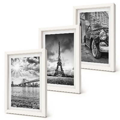 Conjunto de 3 quadros decorativos Vistas da cidade, pontes, Torre Eiffel, carro clássico