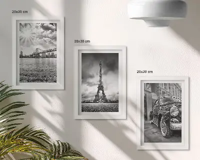 Conjunto de 3 quadros decorativos com vistas da cidade, pontes, Torre Eiffel e carro clássico
