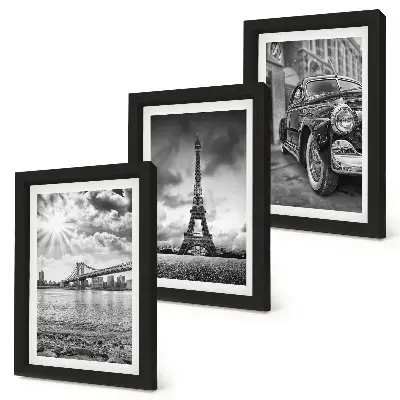 Conjunto de 3 quadros decorativos com vistas da cidade, pontes, Torre Eiffel e carro clássico