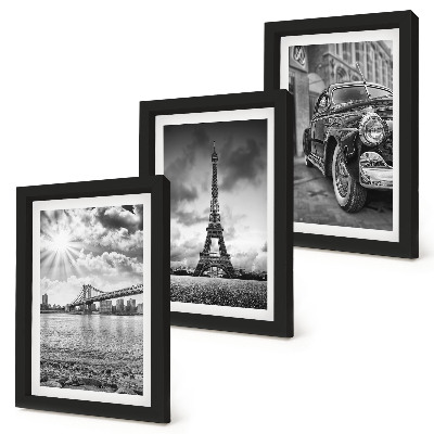 Conjunto de 3 quadros decorativos Vistas da cidade, pontes, Torre Eiffel, carro clássico