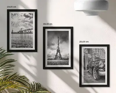 Conjunto de 3 quadros decorativos com vistas da cidade, pontes, Torre Eiffel e carro clássico