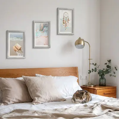 Conjunto de quadros decorativos com imagens arte abstrata com tema de mar e apanhador de sonhos estilo boho