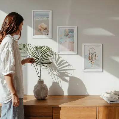 Conjunto de quadros decorativos com imagens arte abstrata com tema de mar e apanhador de sonhos estilo boho