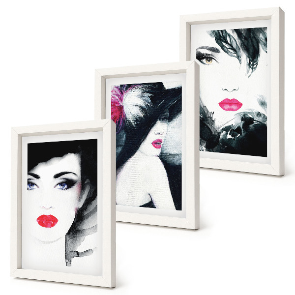 Tríptico com moldura Retratos pintados de mulheres com lábios expressivos