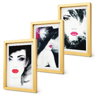Tríptico com moldura Retratos pintados de mulheres com lábios expressivos