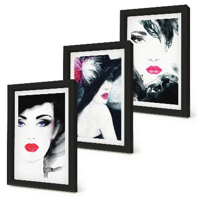 Tríptico com moldura Retratos pintados de mulheres com lábios expressivos