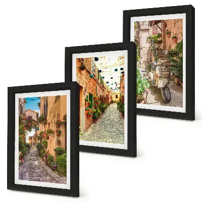 Conjunto de 3 quadros decorativos com temática de ruas encantadoras e flores em estilo italiano