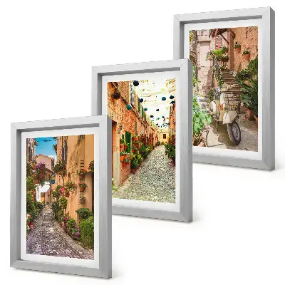 Conjunto de 3 quadros decorativos com temática de ruas encantadoras e flores em estilo italiano