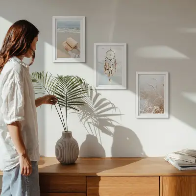 Conjunto de quadros com imagens paisagens tranquilas com vistas delicadas de verão em estilo boho
