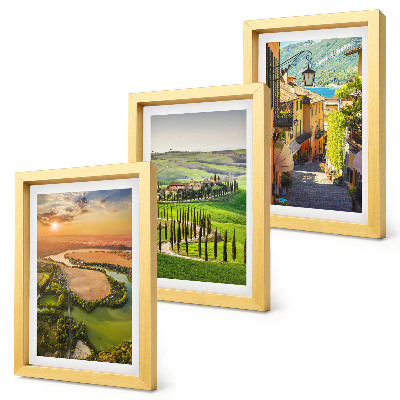 Conjunto de 3 quadros decorativos Paisagens italianas com um rio, colinas e uma rua da cidade.