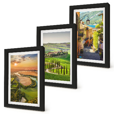 Conjunto de 3 quadros decorativos Paisagens italianas com um rio, colinas e uma rua da cidade.