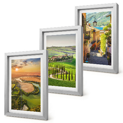 Conjunto de 3 quadros decorativos Paisagens italianas com um rio, colinas e uma rua da cidade.
