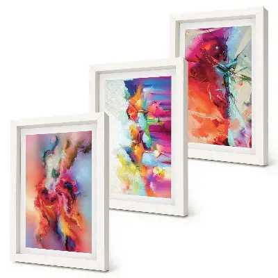 Conjunto de quadros decorativos com molduras estampas de abstrações coloridas com formas e figuras dinâmicas