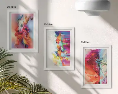 Conjunto de quadros decorativos com molduras estampas de abstrações coloridas com formas e figuras dinâmicas