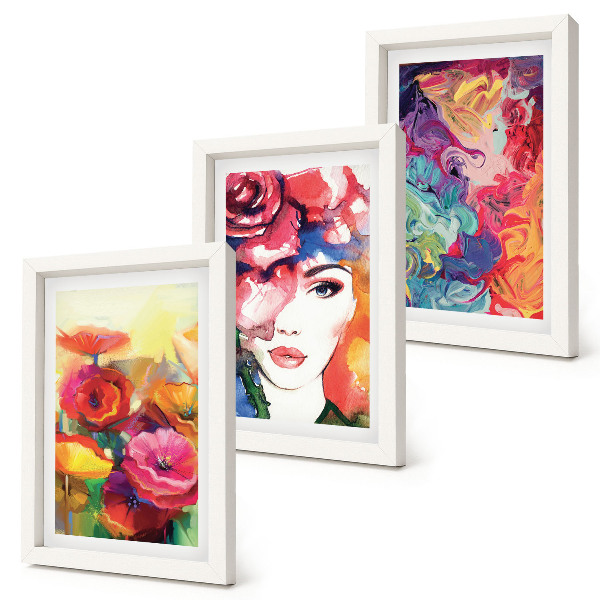 Tríptico com moldura Flores em cores intensas, retrato de uma mulher, abstrato