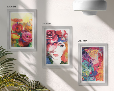 Tríptico com moldura Flores em cores intensas, retrato de uma mulher, abstrato