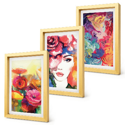 Tríptico com moldura Flores em cores intensas, retrato de uma mulher, abstrato