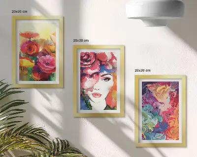 Tríptico com moldura flores em cores intensas com retrato abstrato de mulher