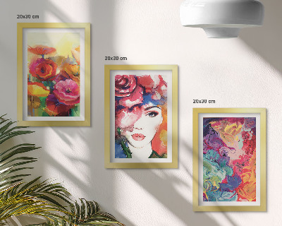 Tríptico com moldura Flores em cores intensas, retrato de uma mulher, abstrato