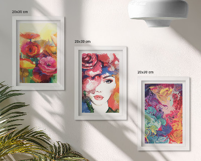Tríptico com moldura Flores em cores intensas, retrato de uma mulher, abstrato