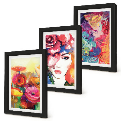 Tríptico com moldura Flores em cores intensas, retrato de uma mulher, abstrato