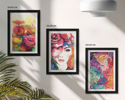 Tríptico com moldura Flores em cores intensas, retrato de uma mulher, abstrato