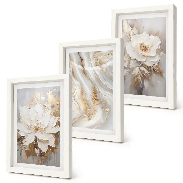 Conjunto de 3 quadros decorativos com flores e padrão abstrato de mármore
