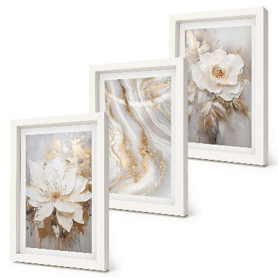 Conjunto de 3 quadros decorativos Flores e padrão abstrato de mármore