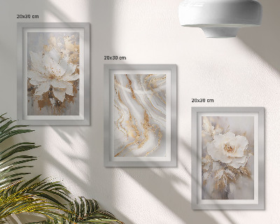 Conjunto de 3 quadros decorativos Flores e padrão abstrato de mármore