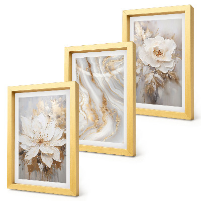 Conjunto de 3 quadros decorativos Flores e padrão abstrato de mármore