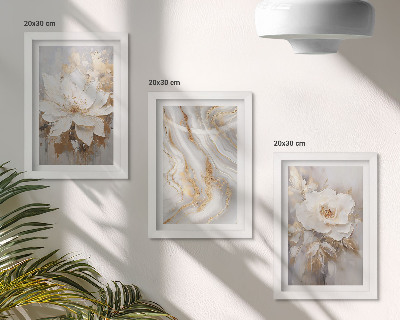 Conjunto de 3 quadros decorativos Flores e padrão abstrato de mármore