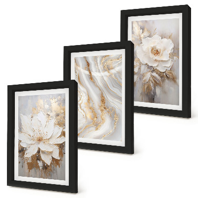 Conjunto de 3 quadros decorativos Flores e padrão abstrato de mármore