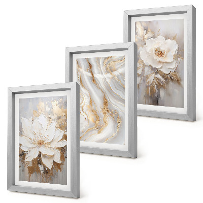 Conjunto de 3 quadros decorativos Flores e padrão abstrato de mármore