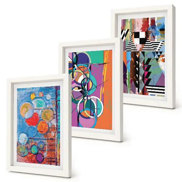 Conjunto de 3 quadros decorativos com abstrações coloridas de círculos e padrões geométricos