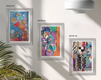 Conjunto de 3 quadros decorativos com abstrações coloridas de círculos e padrões geométricos