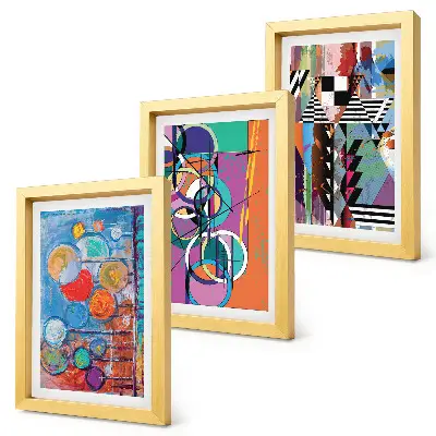 Conjunto de 3 quadros decorativos com abstrações coloridas de círculos e padrões geométricos